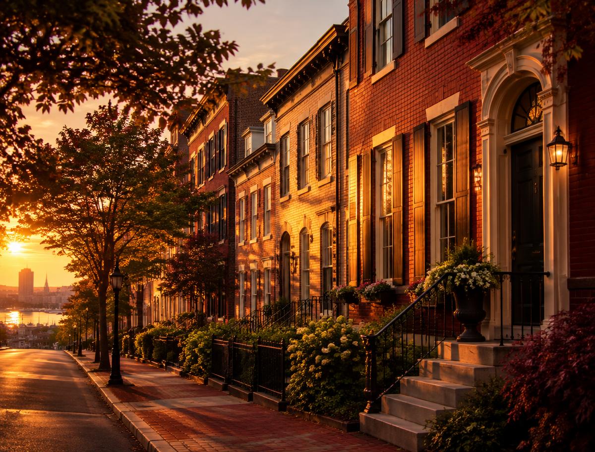 Baltimore rowhouses at golden hour